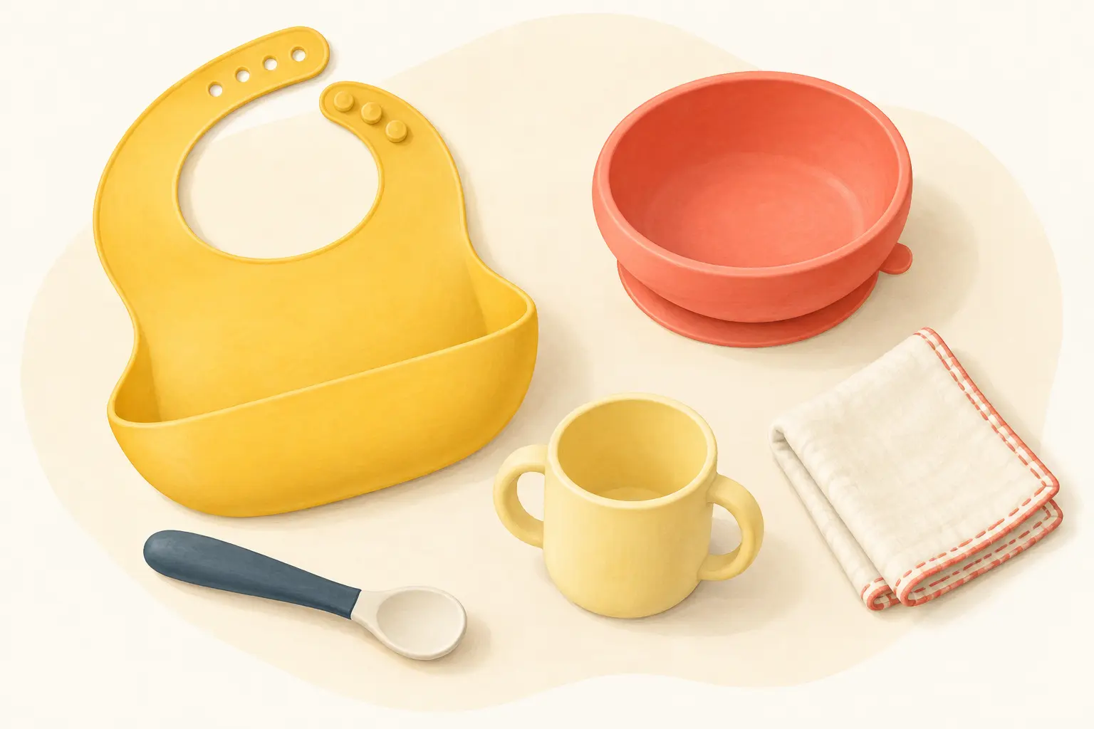 Illustration of a pocket bib, bowl, small spoon, open handled cup and folded cloth.